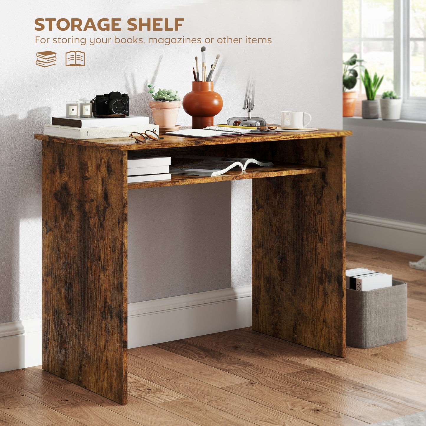 Nonoel 90cm Wooden Wood Effect Box Style Work Desk With Shelving