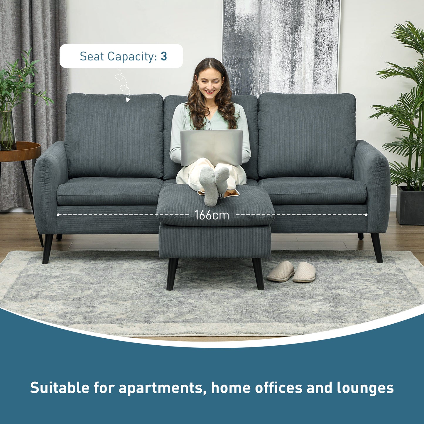 Vanefi Nami Corduroy Charcoal Grey 3 Seater Sofa With Matching Ottoman