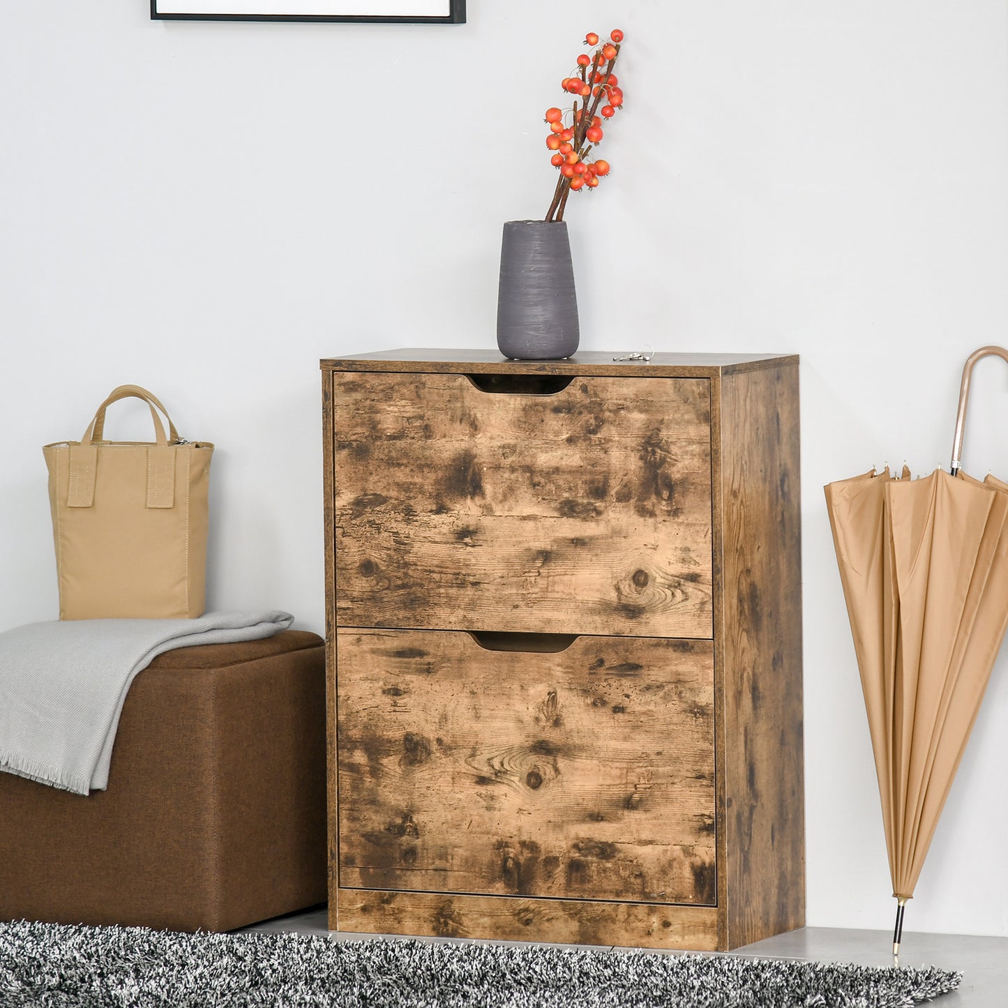 Lifale Wooden Rustic Brown Industrial Shoe Cabinet With 2 Flip Drawers For 12 Pairs