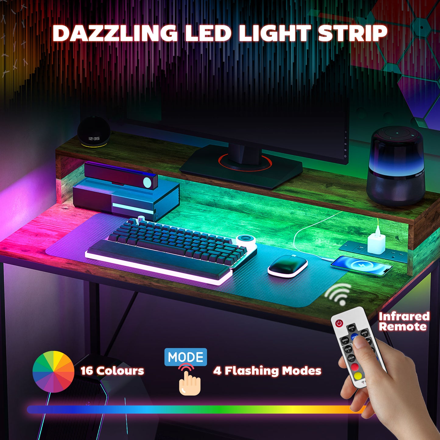 Rena Rustic Brown 100cm Gaming Desk With LED Lights Power Outlets And Monitor Stand