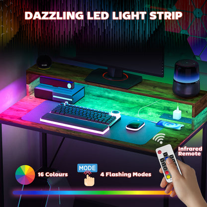 Rena Rustic Brown 100cm Gaming Desk With LED Lights Power Outlets And Monitor Stand