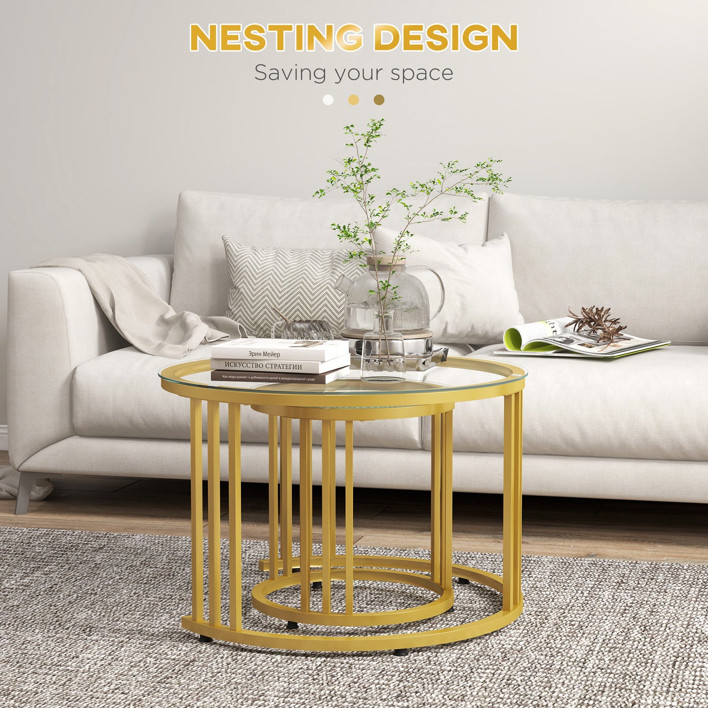 Livi Metal Gold And Glass Set Of 2 Stripe Round Nesting Coffee Tables