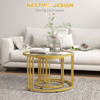 Livi Metal Gold And Glass Set Of 2 Stripe Round Nesting Coffee Tables