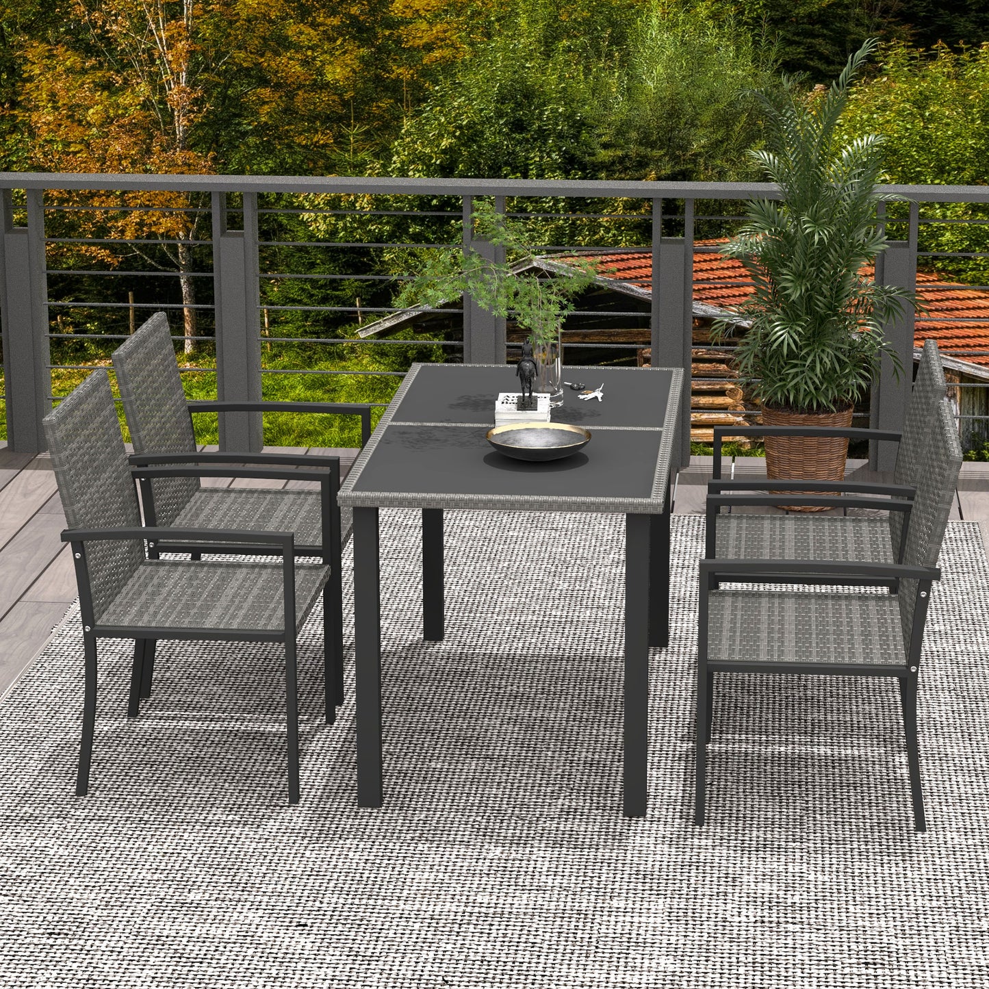 Pakeri Dark Grey Rattan 4 Seater Outdoor Dining Set With Tempered Glass Table And Chairs