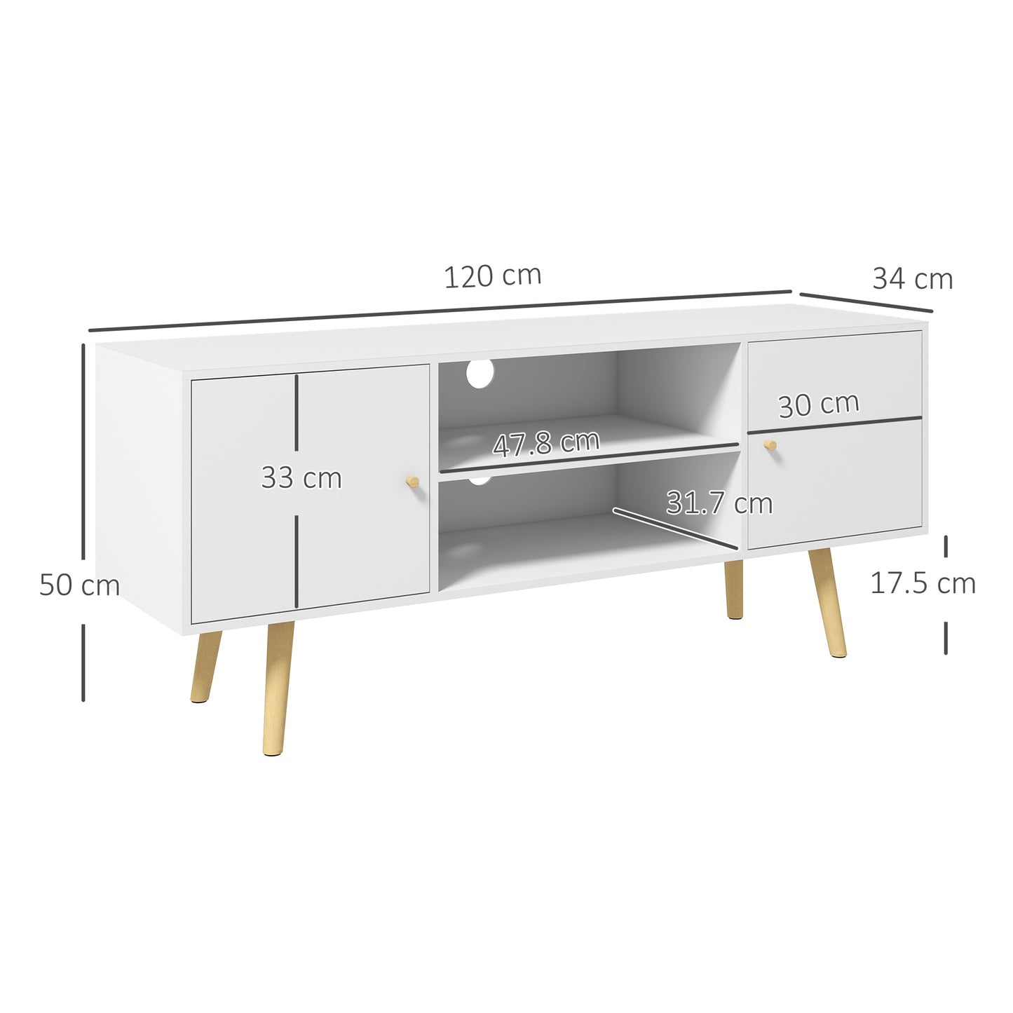 Vido 120cm Tozi Wooden White TV Cabinet With Open Shelves And Wooden Legs For Screens Up To 55 Inches