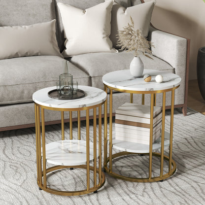 Veco Metal And Marble Effect White And Gold Tone Set Of 2 Coffee Tables
