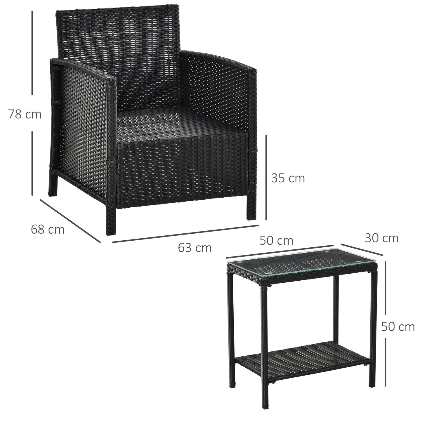Tava Black Rattan 2 Seater Jack And Jill Garden Bistro Set with White Cushions