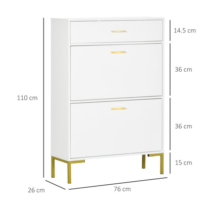 Suto Wooden White Slim Shoe Cabinet With 3 Drawers For 12 Pairs