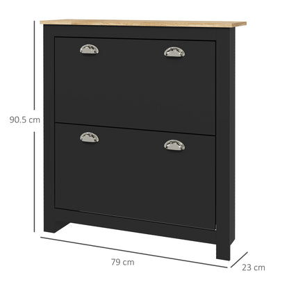 Resuka Wooden Black Slim Shoe Cabinet With 2 Flip Drawers For 6 To 12 Pairs
