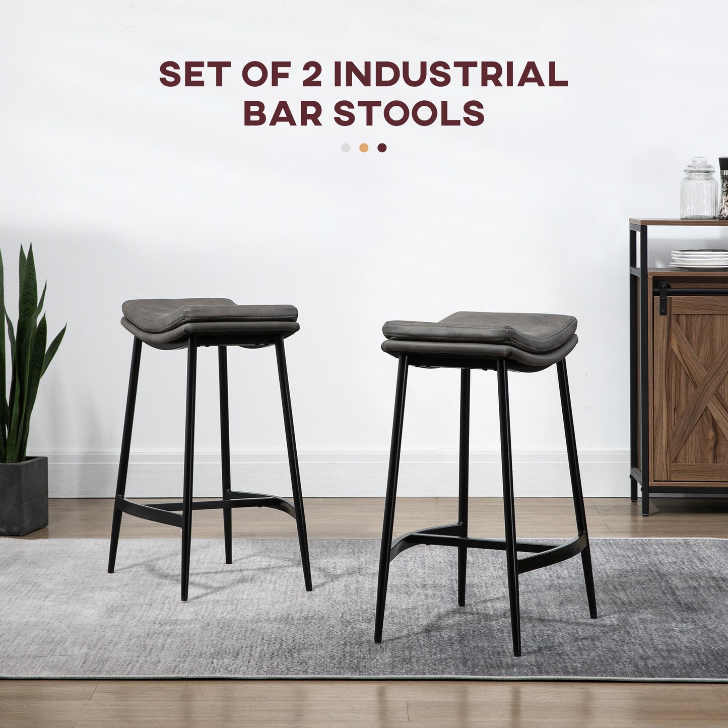 Ralura Microfiber Grey Industrial Breakfast Bar Stools Set Of 2 With Curved Seat