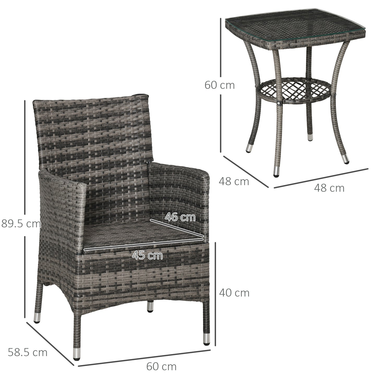 Sami Rattan Grey 3 Piece Garden Bistro Set With 2 Tier Table And Cushions