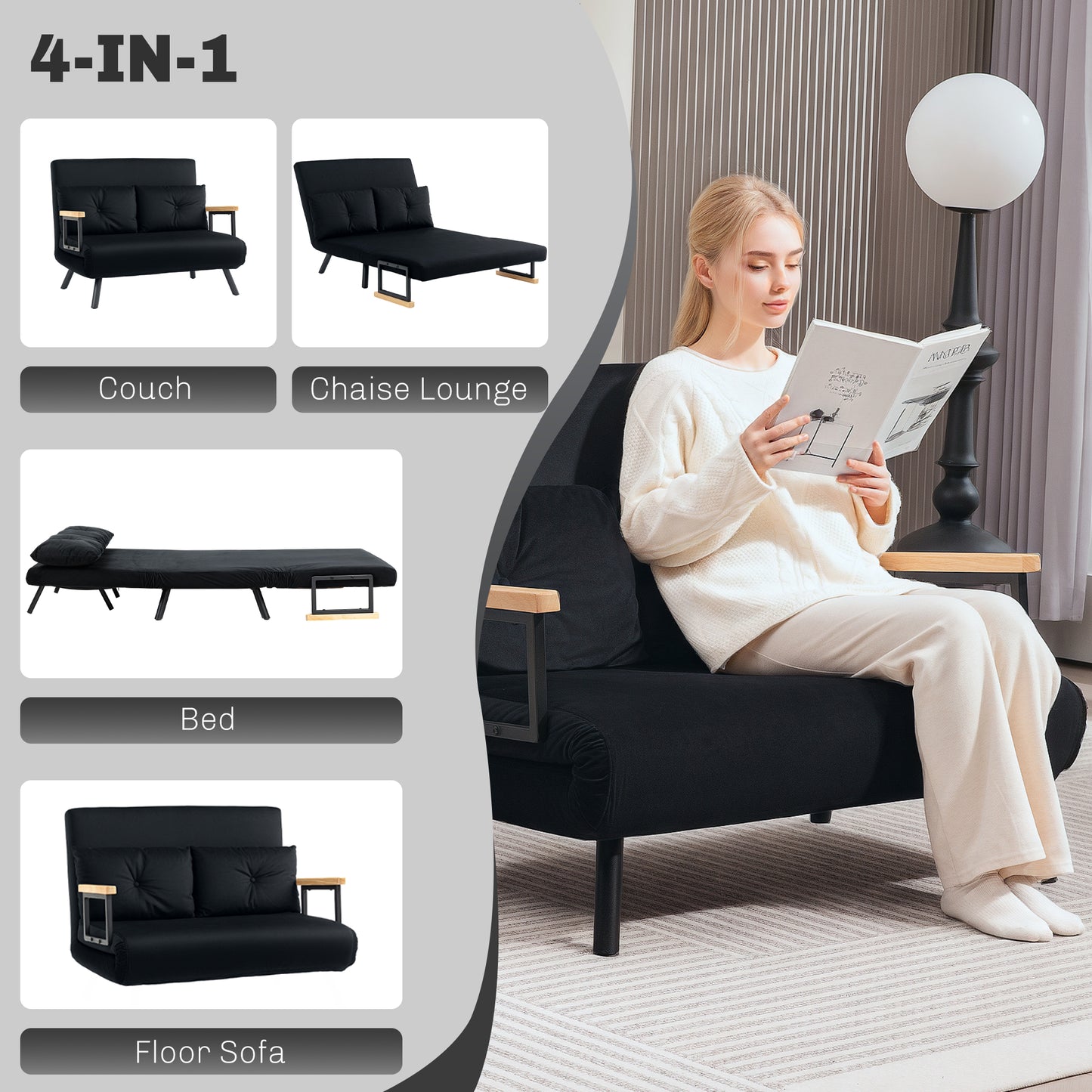 Tarico Black 4 In One Convertible Double Sofa Bed With Cushions