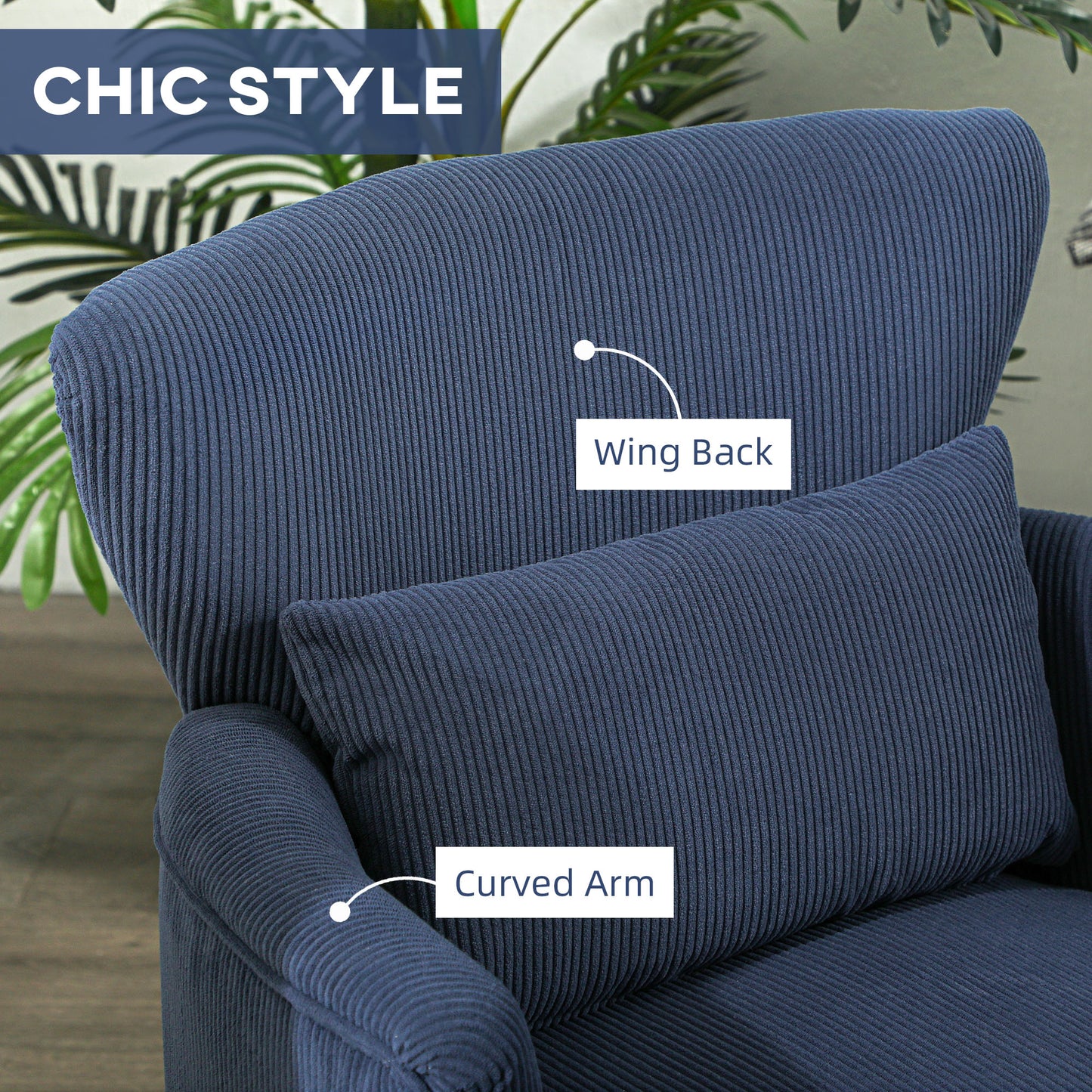 Kesu Blue Corduroy Retro Style Accent Chair Dark Wooden Angled Legs