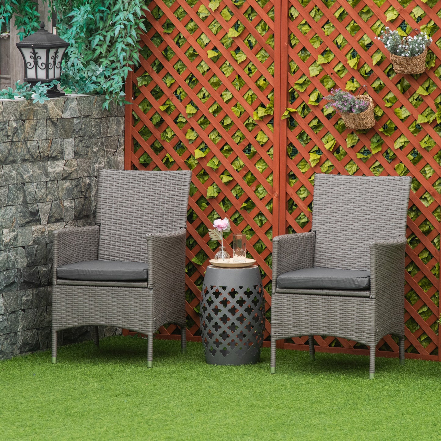 Sevaka Set Of 2 Rattan Grey Outdoor Dining Armchairs With Cushions And Armrests