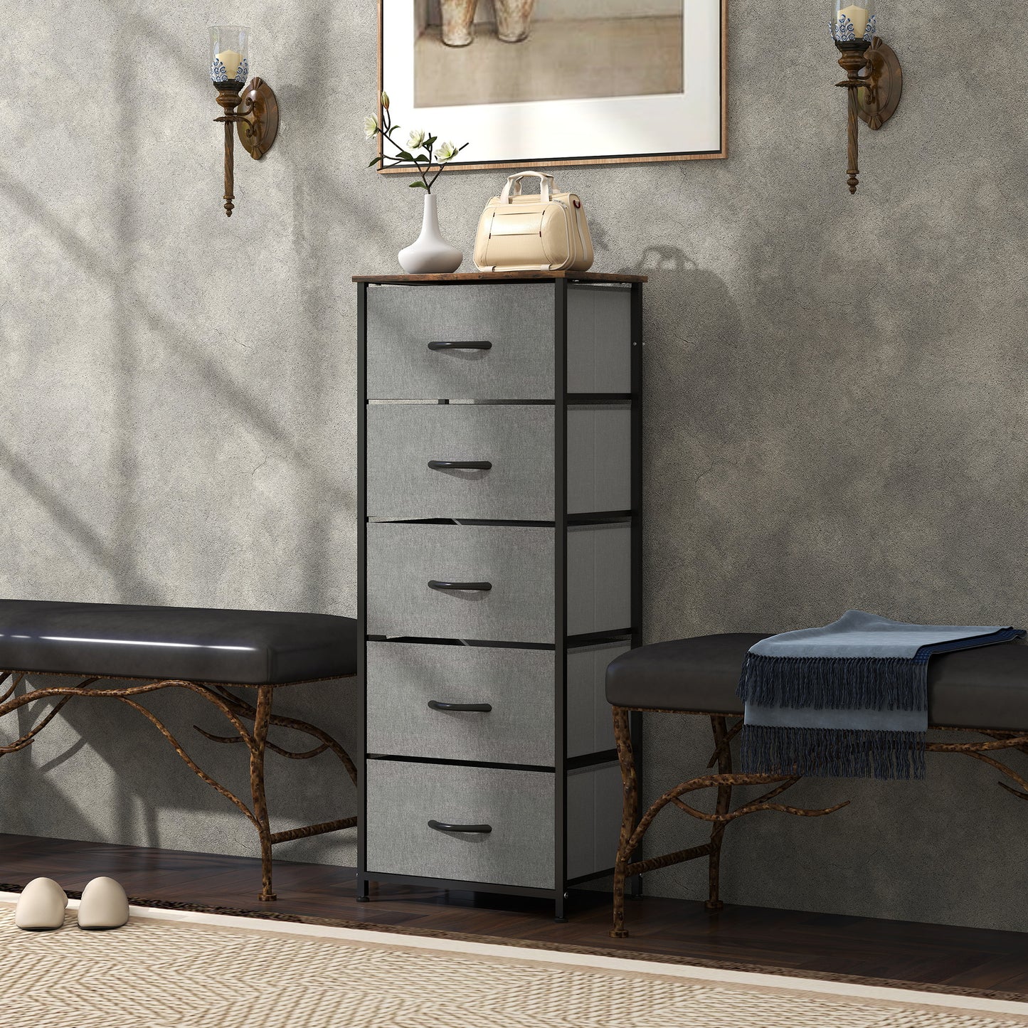 Elno Nano Metal And Fabric Rustic Brown And Grey 5 Drawer Industrial Storage Dresser