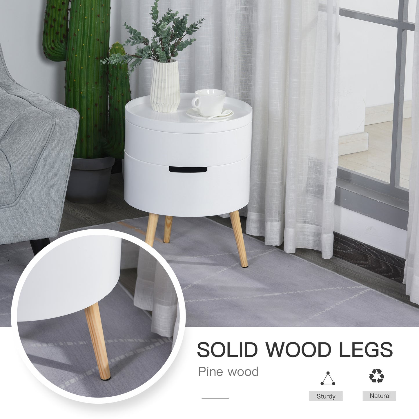 Lalo Set Of 2 Wooden White Round 3 Tier Bedside Tables With Hidden Storage and Tray Tops