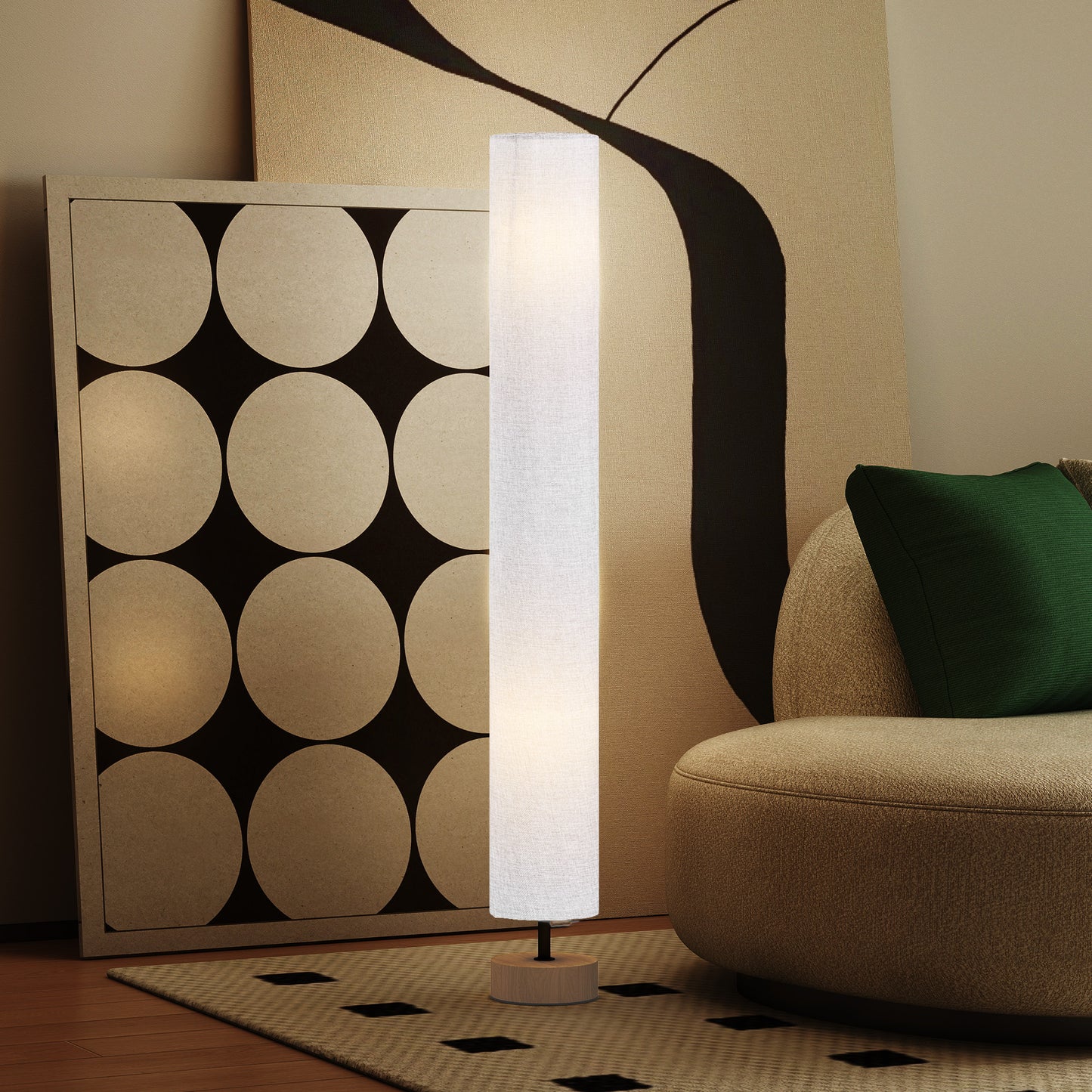Luretti Wood And Fabric Grey Modern Standing Floor Lamp With Linen Shade 120cm