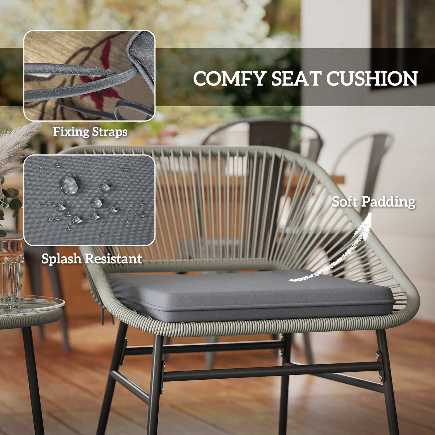 Sorino Rattan Rope Light Grey 3 Piece Outdoor Garden Bistro Furniture Set Glass Coffee Table