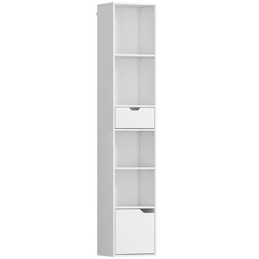 Kesura Wooden White Tall Narrow 6 Tier Bookcase With Drawer And Door