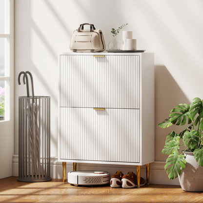 Baviva Wooden White Elegant 2 Drawer Shoe Cabinet Ribbed Design