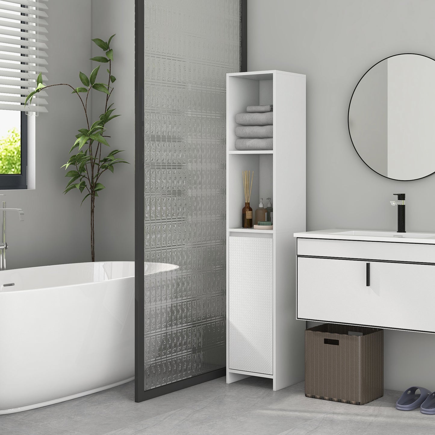 Suzise Slim Freestanding Bathroom Storage Cabinet With OFauxn Compartment For Small Spaces White