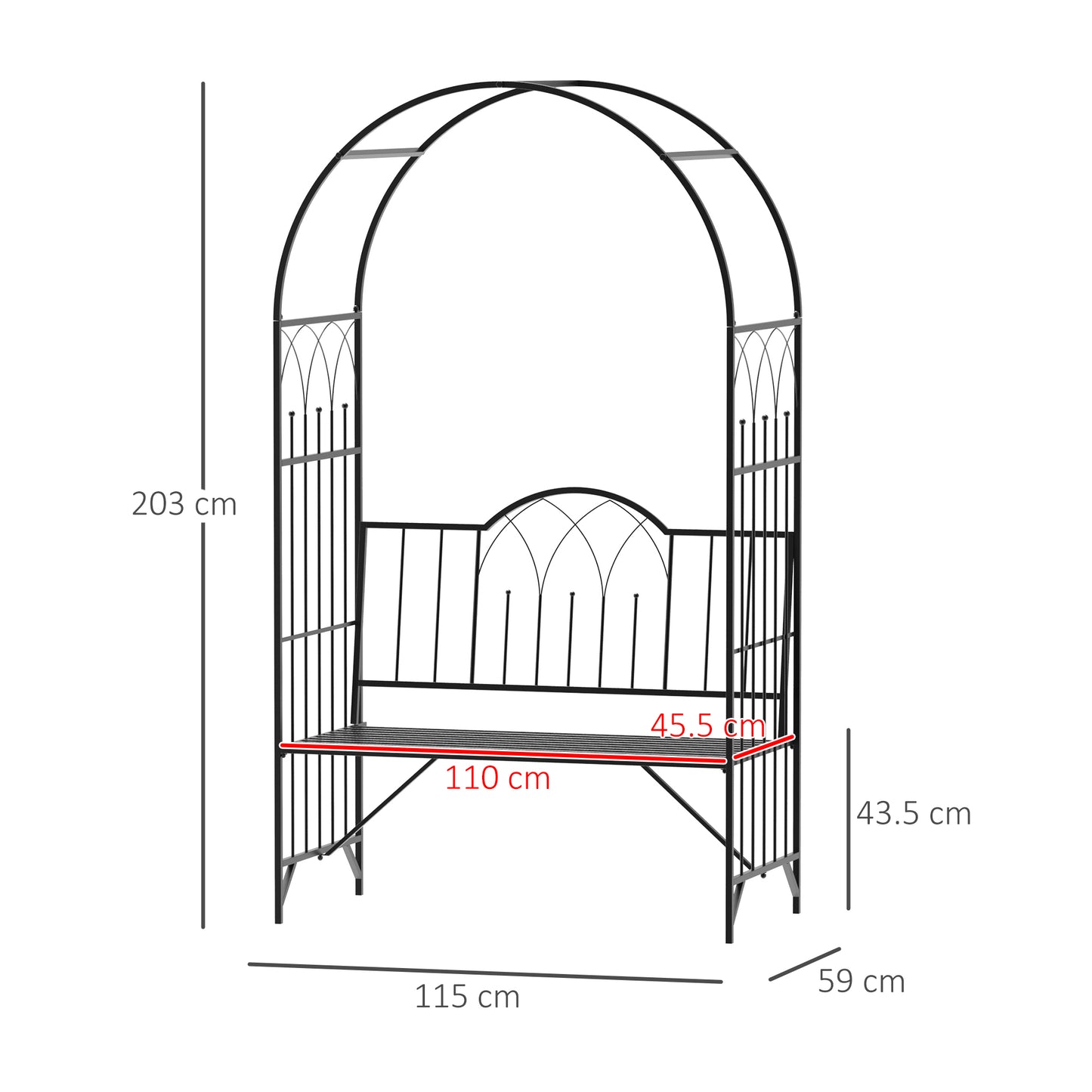 Katoba Metal Black 2 Seater Garden Arch Bench With Trellis For Climbing Plants