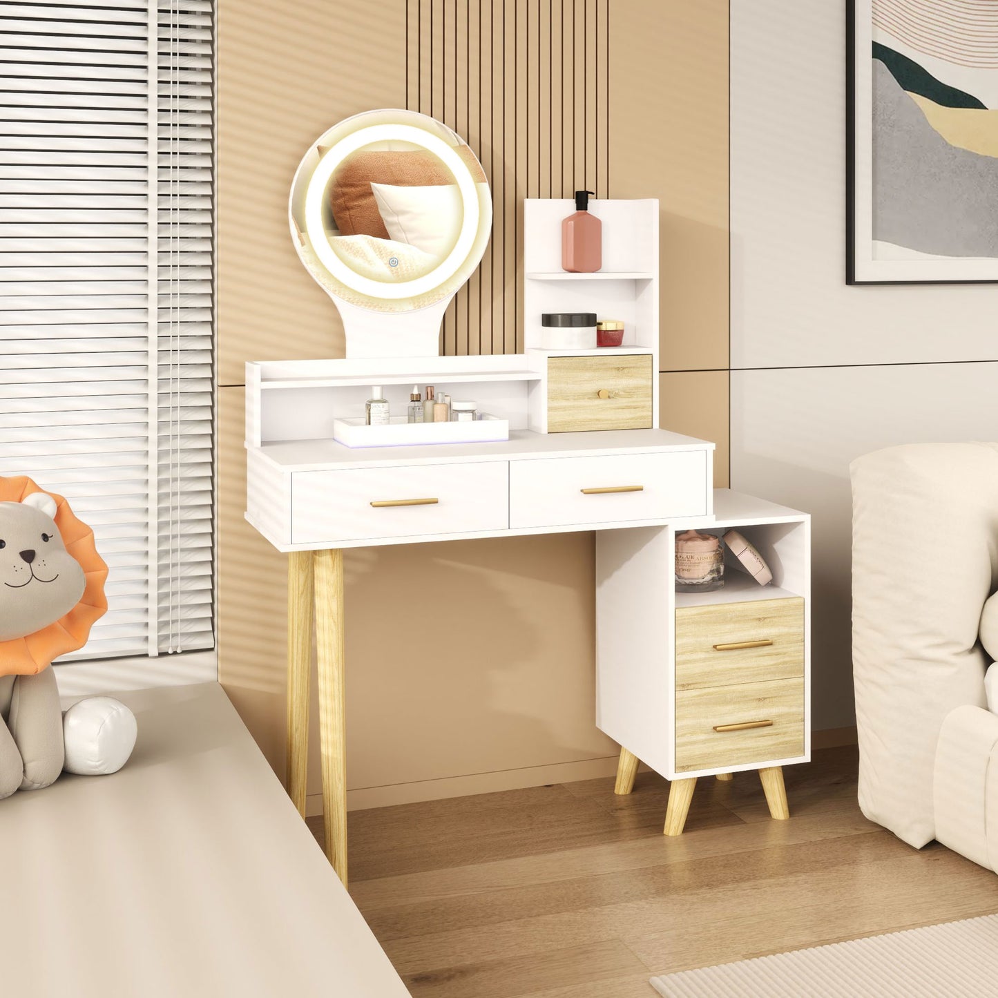 Rilu White Elegant Dressing Table With Integrated Storage Space