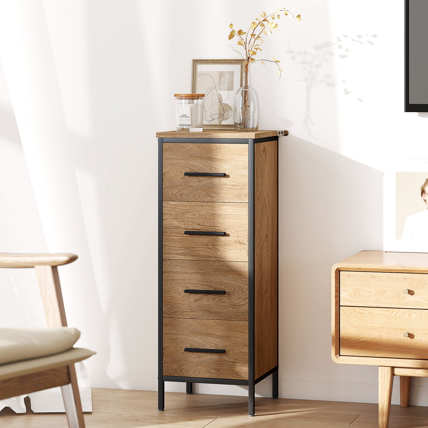 Nita Narrow Bathroom Storage Cabinet With 4 Drawers Oak Finish