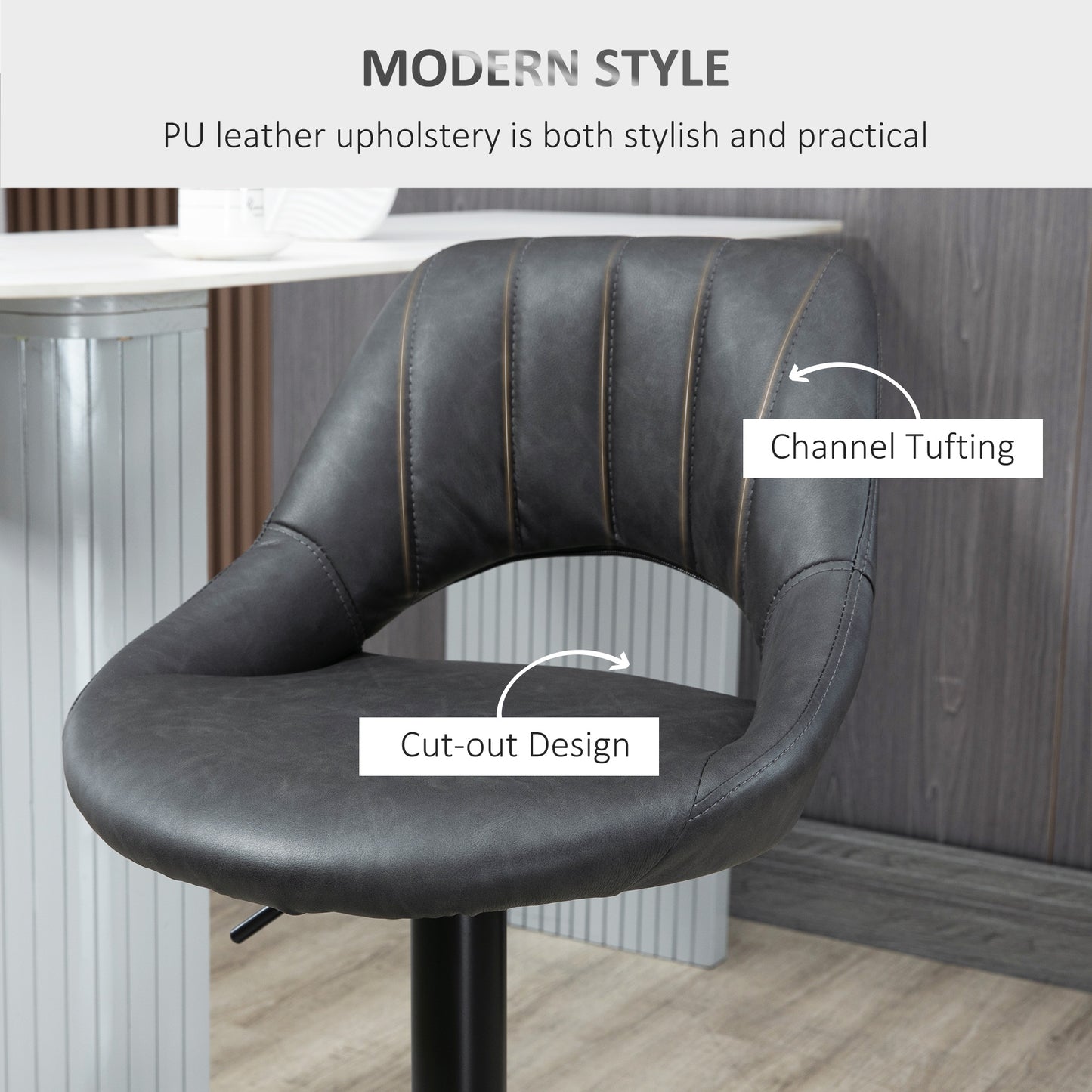 Dova Lure Faux Leather Grey Swivel Bar Stools Set Of 2 With Backrest And Footrest