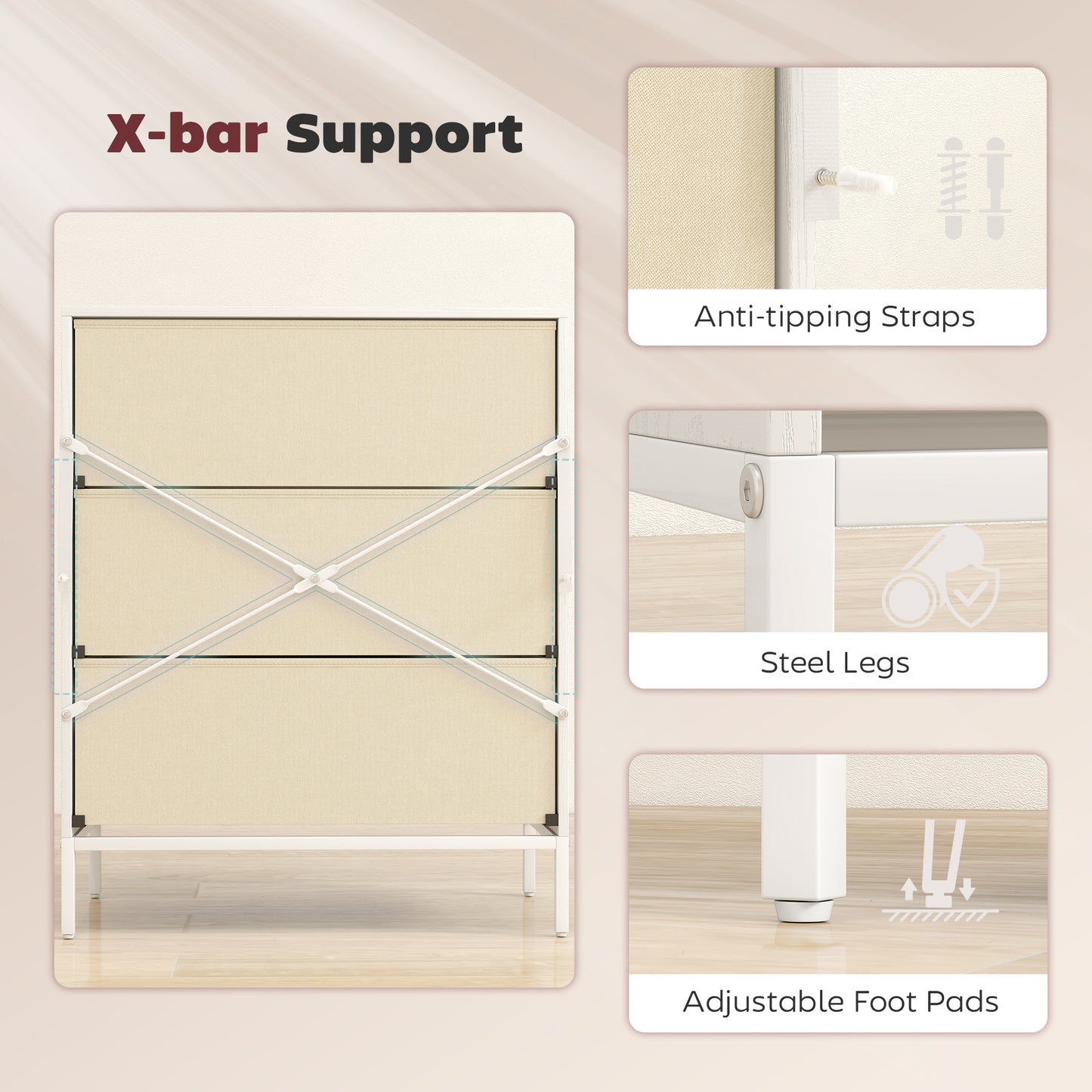 Kakara Metal White 3 Fabric Drawer Storage Dresser
