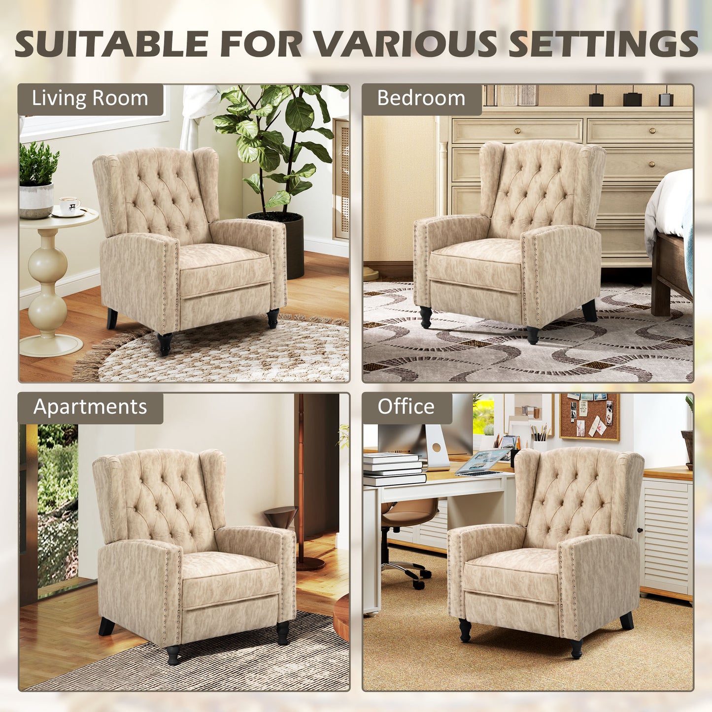 Conofa Beige Fabric Chesterfield Mid Century Style Reclining Armchair