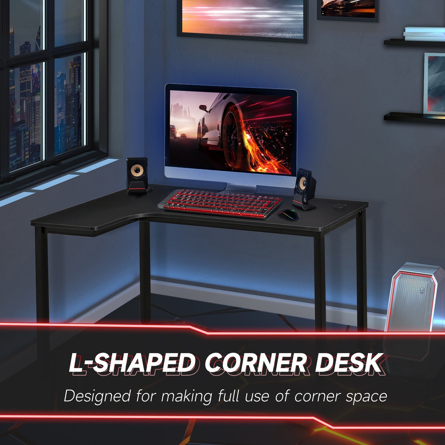 Toviba 145cm Black Left Hand L Shapedd Gaming Desk With Cable Management Holes