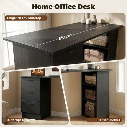 Malilu 120cm Wooden Black Home Office Desk With 3 Shelves And Drawer Storage