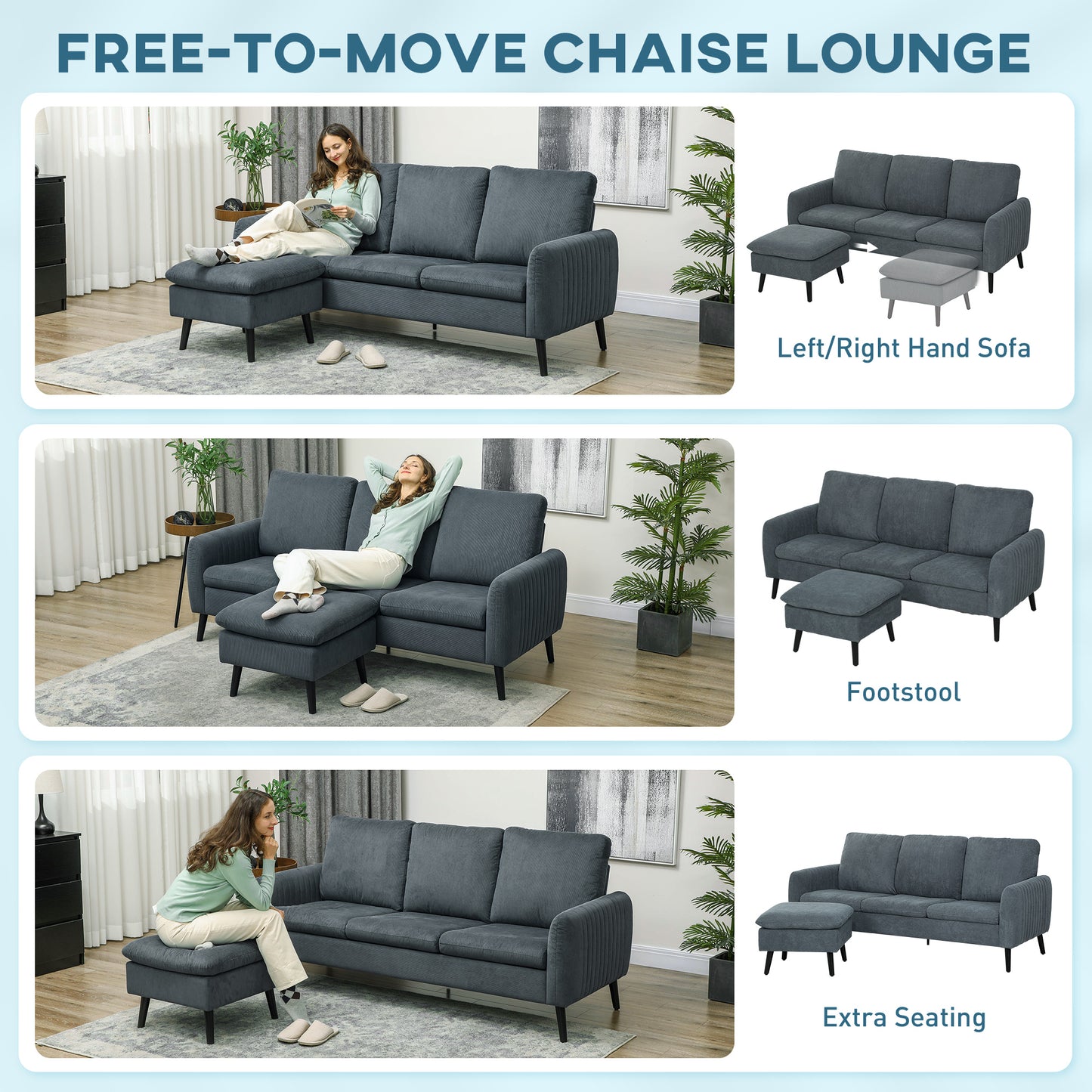 Vanefi Nami Corduroy Charcoal Grey 3 Seater Sofa With Matching Ottoman