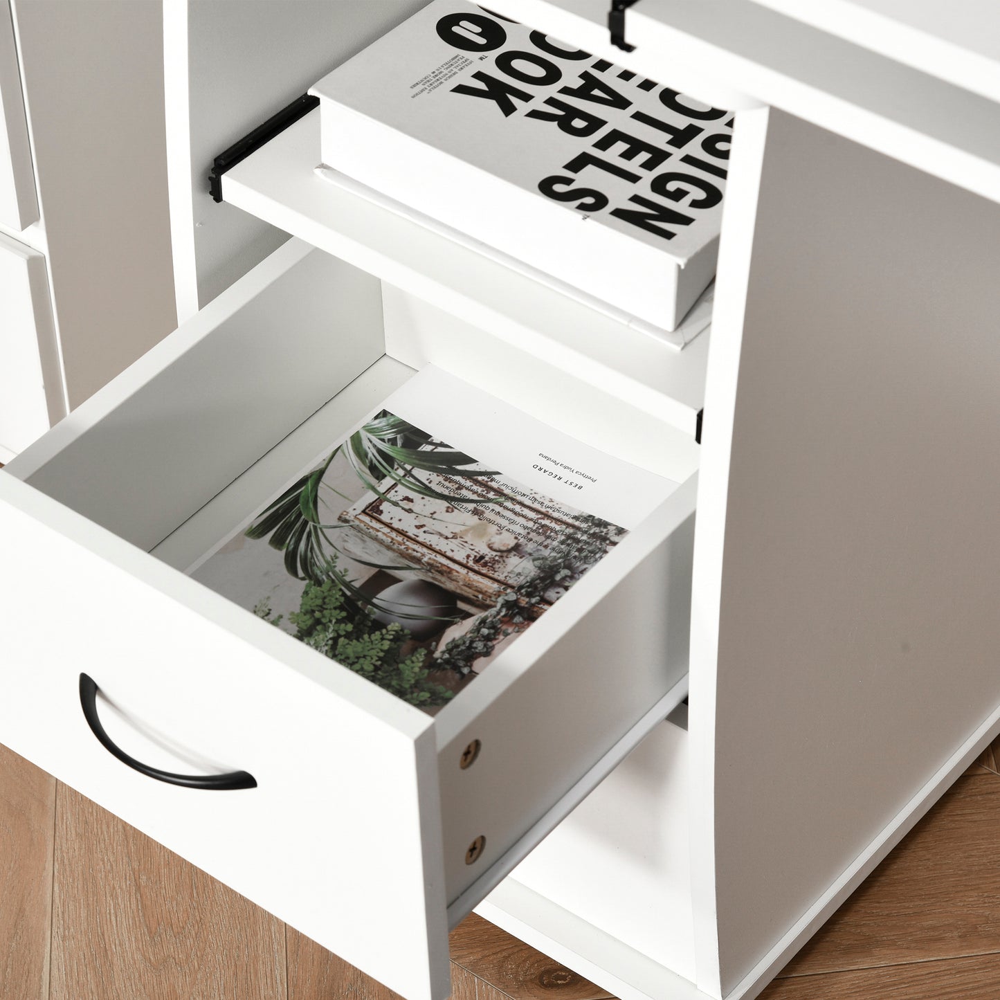 Risaso 120cm White Office Desk With Sliding Keyboard Tray 2 Drawers And Shelving