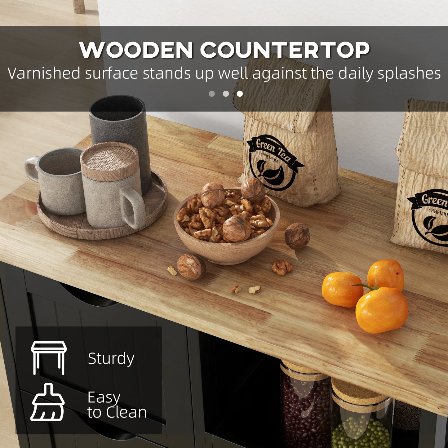Tovafi Wooden Black Compact Rolling Kitchen Island With Wood Top Shelves And Drawers