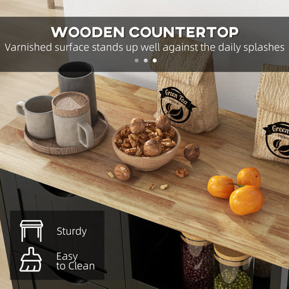 Tovafi Wooden Black Compact Rolling Kitchen Island With Wood Top Shelves And Drawers