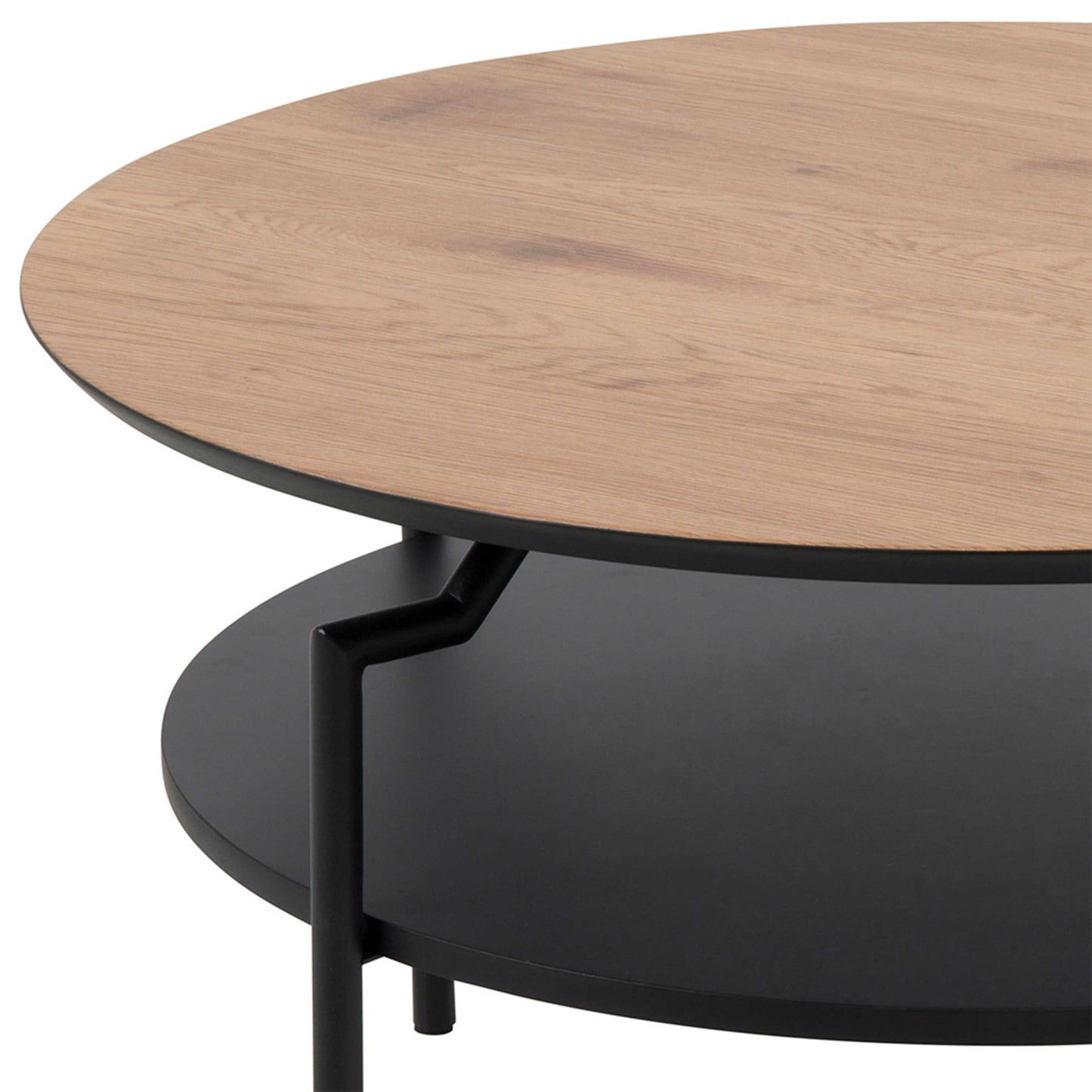 Fuglebjerg Round Coffee Table Oak Top Black Metal Legs Bottom Shelf