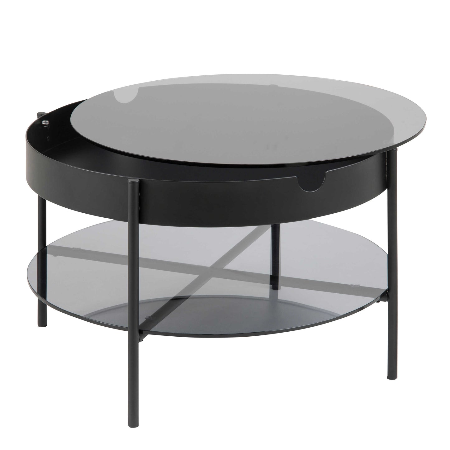 Tampere Round Black Coffee Table with Grey Glass Lift Top