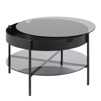 Tampere Round Black Coffee Table with Grey Glass Lift Top