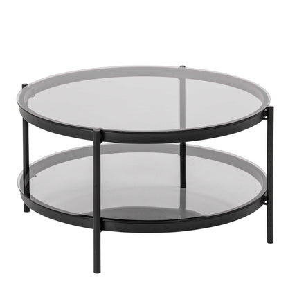 Featheroak Grey Glass Round Coffee Table Black Metal Legs