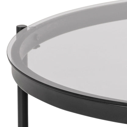 Featheroak Grey Glass Round Coffee Table Black Metal Legs