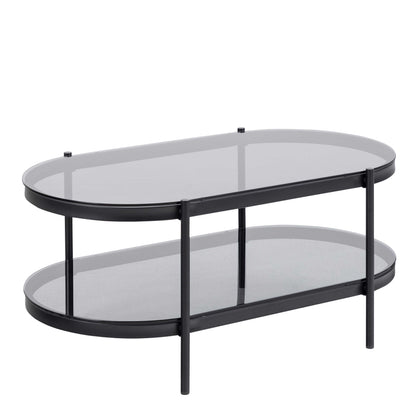 Featheroak Grey Glass Oval Coffee Table Black Metal Legs