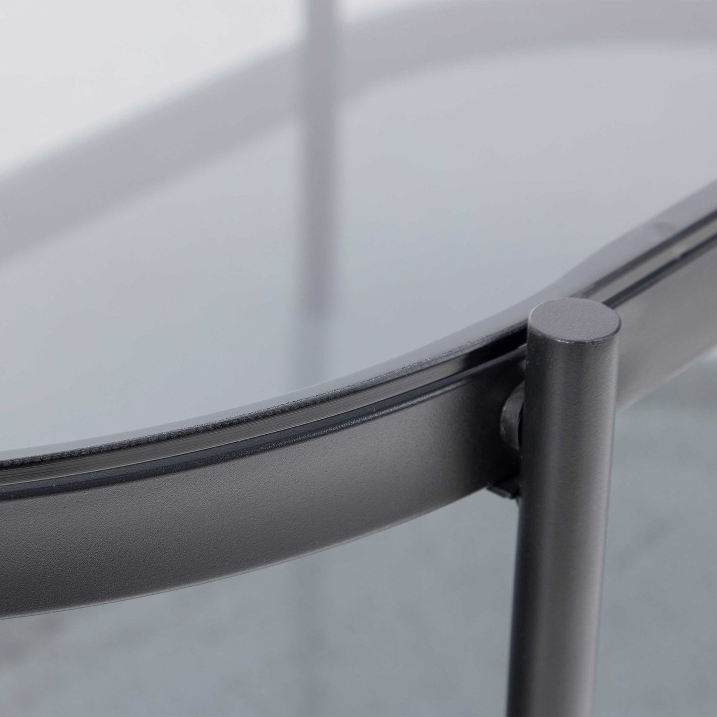Featheroak Grey Glass Oval Coffee Table Black Metal Legs