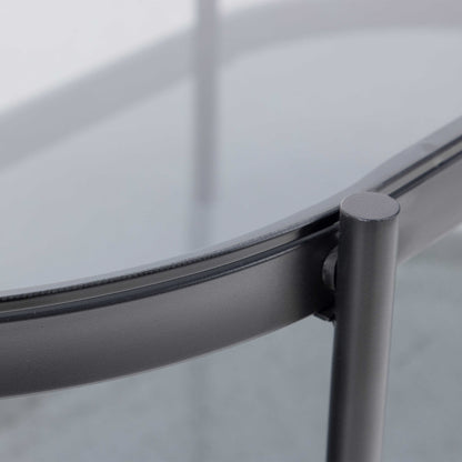 Featheroak Grey Glass Oval Coffee Table Black Metal Legs