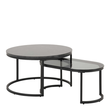 Reykjavik Black Marble Effect and Glass Coffee Table Set Black Metal Legs