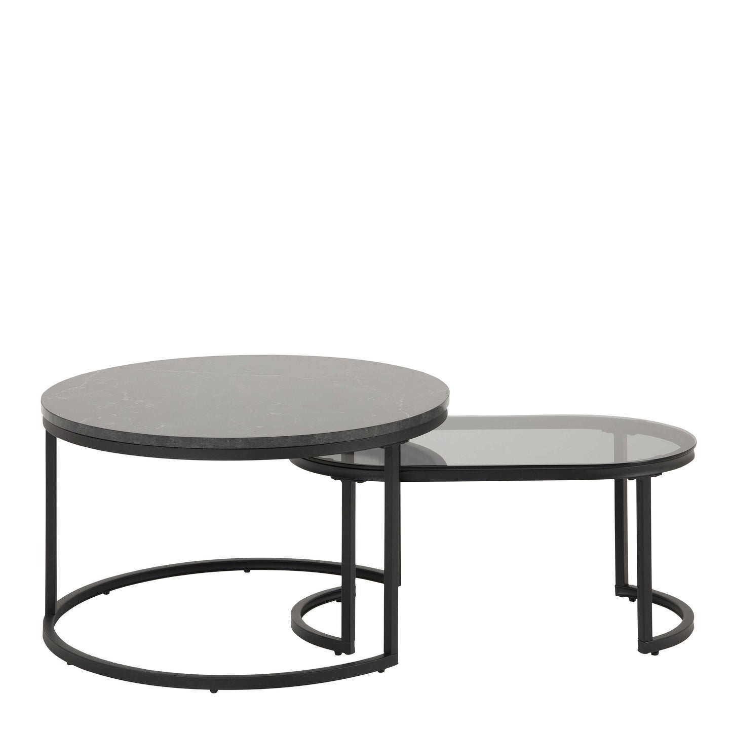 Reykjavik Black Marble Effect and Glass Coffee Table Set Black Metal Legs