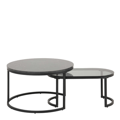 Reykjavik Black Marble Effect and Glass Coffee Table Set Black Metal Legs