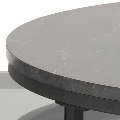 Reykjavik Black Marble Effect and Glass Coffee Table Set Black Metal Legs