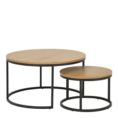 Odense Wild Oak Effect Round Nesting Coffee Table Set Black Metal Legs